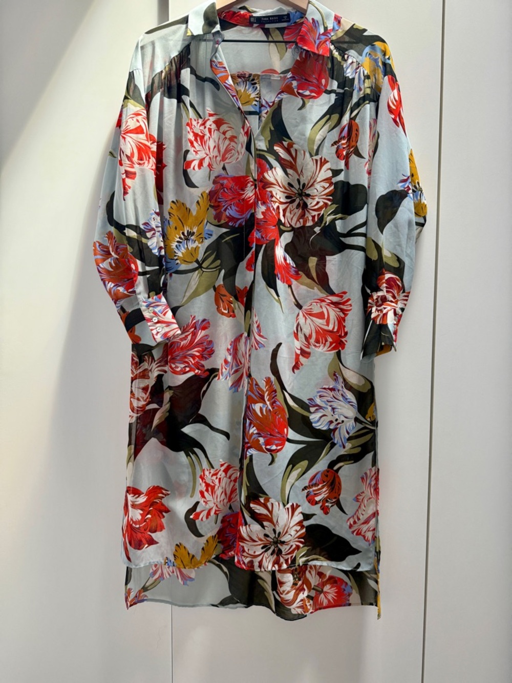 Zara Dutch Tulip Midi Shirt Dress in Light Blue with Red & Yellow Blooms
